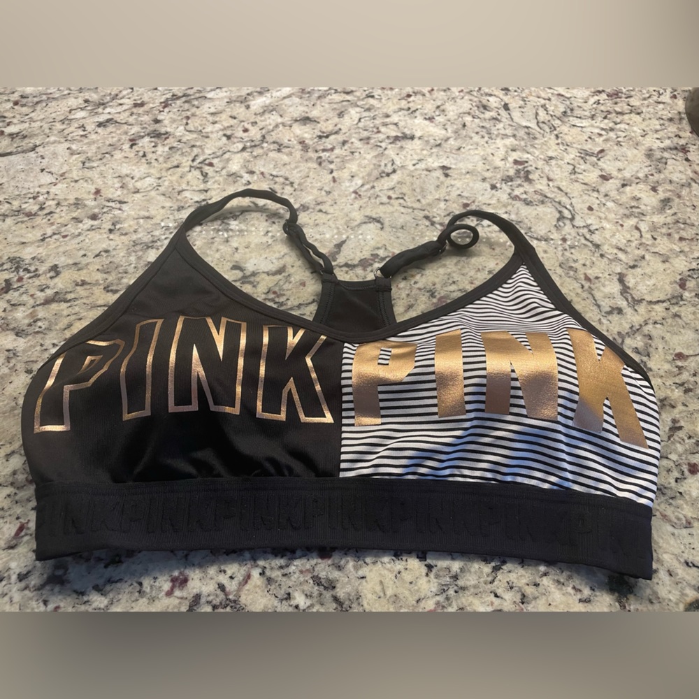 PINK Brand Black white and bronze sports bra
